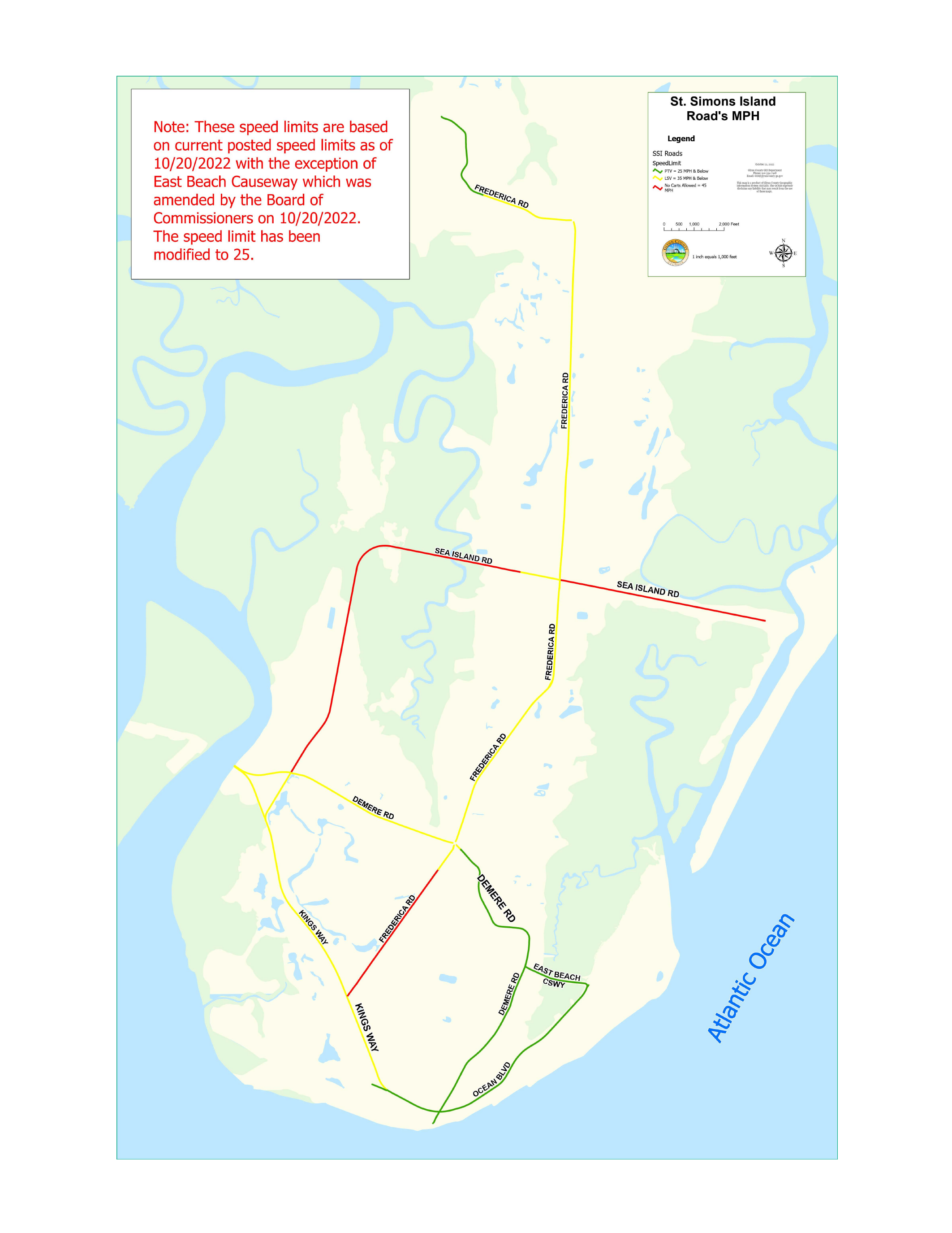 Official Glynn County St. Simons Island road speed map showing green PTV roads posted 25 mph and below, yellow LSV roads posted 35 mph and below, and red roads where golf carts are not allowed