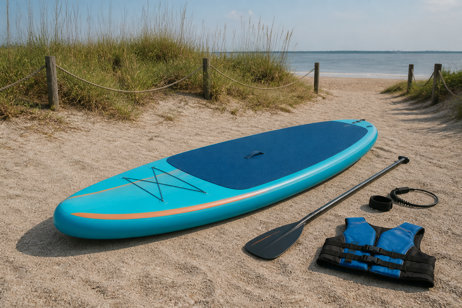Representative 10-foot stand-up paddleboard rental package with paddle and life jacket near East Beach