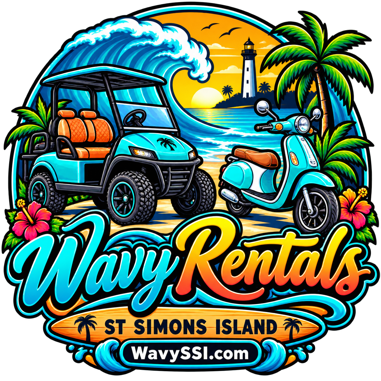 Wavy Rentals golf cart and scooter by the sea